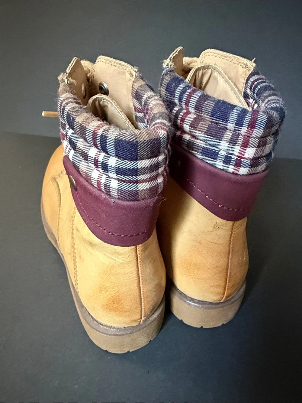 Woman’s Tan Lace-Up Plaid Collar Boots